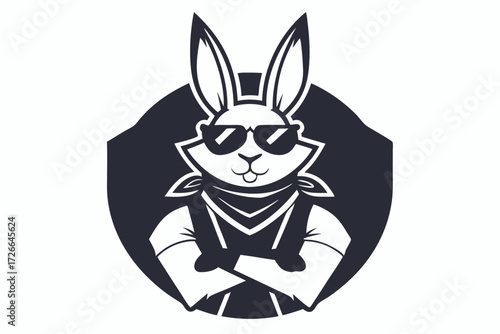 Monochrome hare in sunglasses, wearing a kerchief, stands against a dark backdrop with crossed arms