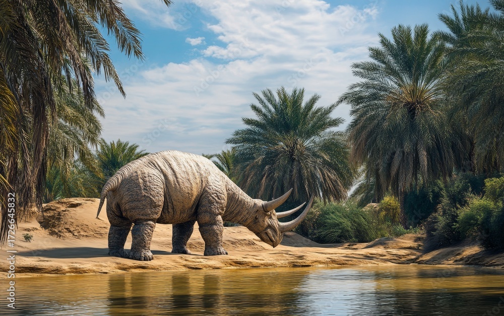 Fototapeta premium A massive Paraceratherium, an ancient rhinoceros-like creature, stands tall and vigilant in the lush, palm-filled oasis, its piercing gaze scanning the serene landscape