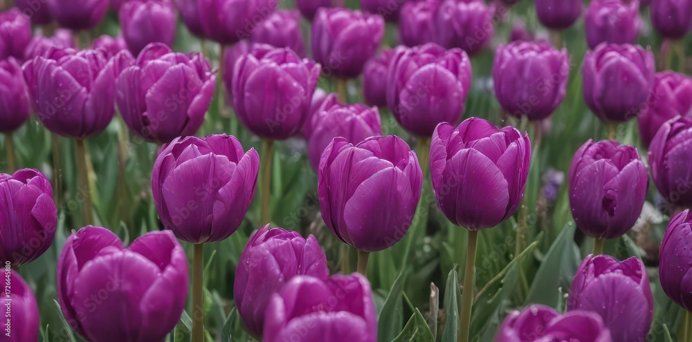 Fototapeta premium Close-up of vibrant purple tulips, lush petals , aesthetic, fresh