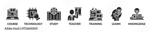 Online education vector illustration concept banner with icons and keywords