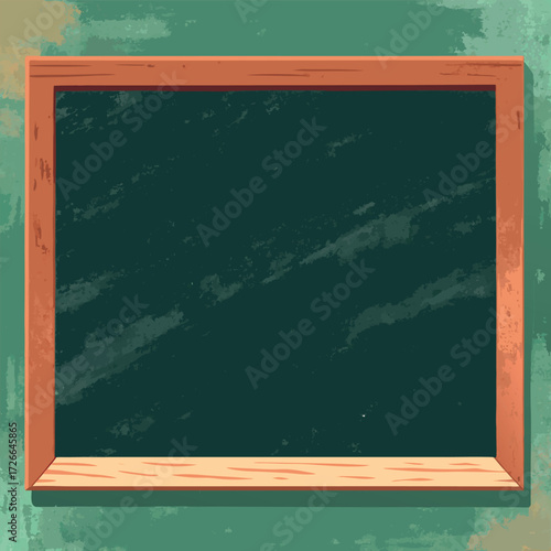 An old rustic blackboard with a wooden frame, slightly worn edges, and chalk dust marks, empty and ready for creative writing or classroom design