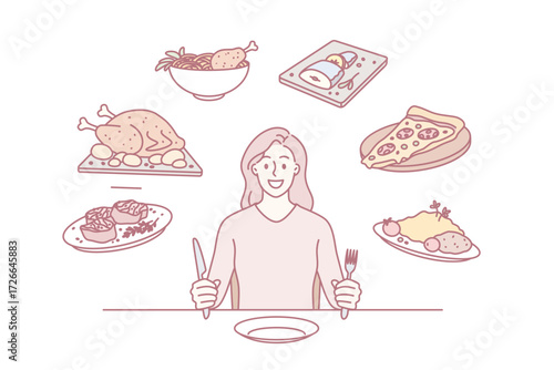 Food and nutriment choice concept. Young smiling woman cartoon character sitting at table ready to eat and choose between various calorie dishes vector illustration