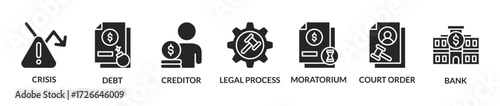 Bankruptcy Concept with vector icons. Bankruptcy is a legal process through which people or other entities who cannot repay debts to creditors may seek relief from some or all of their debts