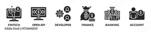 open banking vector illustration banner with icons, symbols and keywords