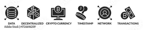 Block chain banner crypto currency concept vector illustration with icons