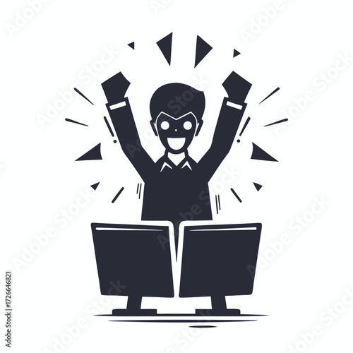 Monochrome silhouette shows a man cheering wildly behind his monitors, feeling very happy