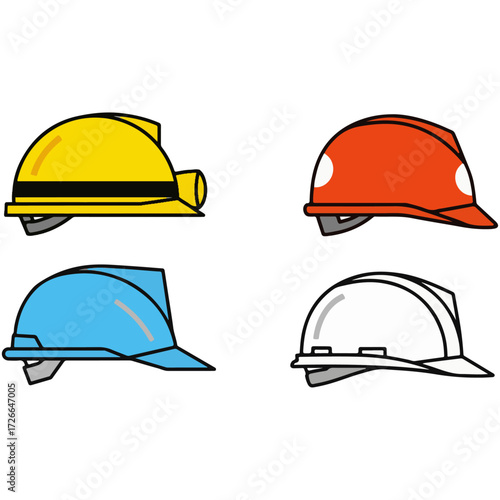 Industrial Safety Hard Hat Icons Set: A Collection of Construction, Mining, and Worker Protective Headgear Illustrations in Various Colors and Styles