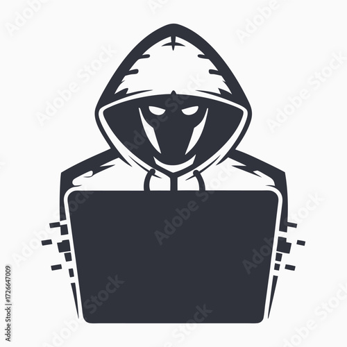 Mysterious hacker in hoodie works at laptop with digital corruption effect showing below
