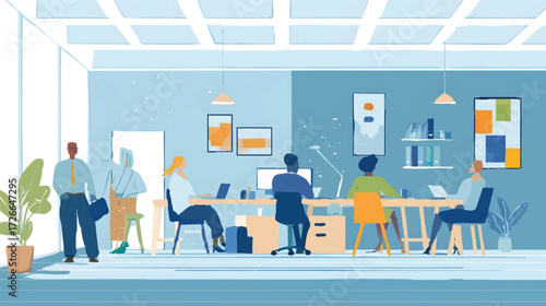 A modern office workspace with four people working at desks, featuring computers, plants, and colorful decor