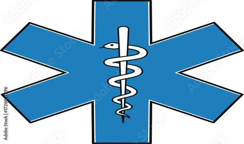 Blue star of life symbol with caduceus medical emblem for emergency services healthcare and paramedicine professional use isolated on transparent background