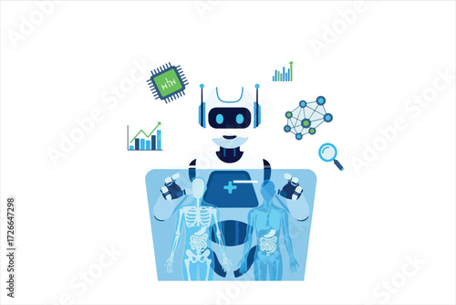 A robot analyzes a human X-ray, surrounded by data visualizations, a magnifying glass, and a computer chip, representing AI in healthcare.