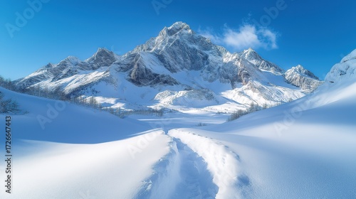 Wallpaper Mural Winter Snow Mountain Scenery: Pure Snowfield, Mountain Path and Blue Sky, Natural Landscape, Outdoor Adventure, Winter Beauty Torontodigital.ca