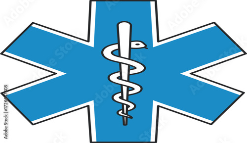 Star of life medical symbol featuring caduceus icon on blue background represents emergency medical services and healthcare isolated on transparent background