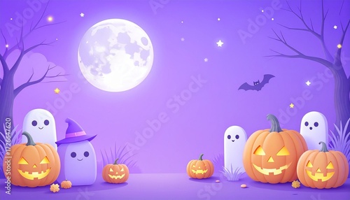 Halloween night with glowing pumpkins and friendly ghosts under a full moon