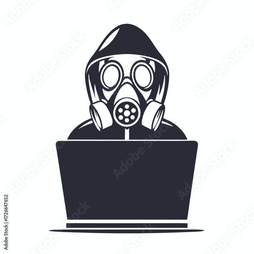 Person in hood and gas mask operates laptop, a chilling concept