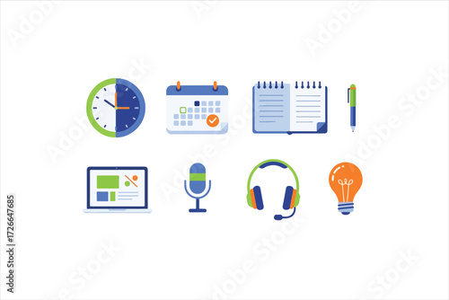 Flat design icons representing various productivity and communication tools, including a clock, calendar, notebook, pen, laptop, microphone, headphones, and lightbulb.