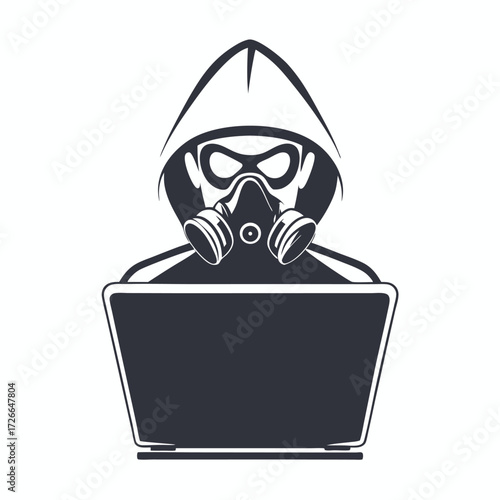 Person in hood and gas mask sits before a laptop computer intently