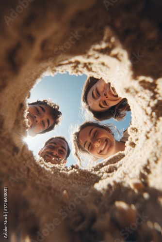 Friends enjoying a sunny day on the beach while looking through a hole in the sand