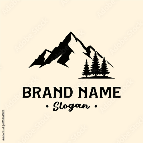 A minimalist black and white logo featuring rugged mountain peaks and a cluster of pine trees, with space for brand name and slogan below.
