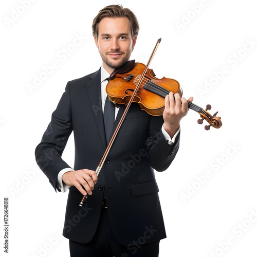 Man in suit plays violin on white or transparent background bow held looking forward