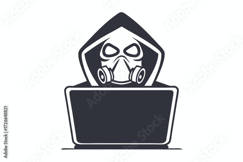 Person in hooded gas mask vigilantly uses computer for clandestine activities online