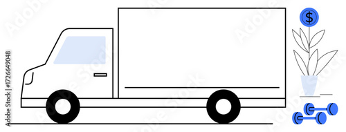 Minimalist design of a truck, potted plant, dumbbells, and a dollar highlighting themes of logistics, fitness, growth, financial investment, delivery eco-living and transportation. Ideal