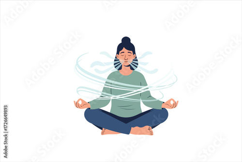 Woman meditating in a lotus position, breathing deeply with visible air currents, showcasing relaxation and mindfulness on a white background.
