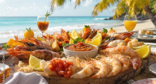 Tropical seafood feast on a beachside platter