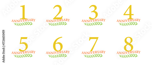 金色の周年記念デザインセット（1周年, 2周年, 3周年, 4周年, 5周年, 6周年, 7周年, 8周年）