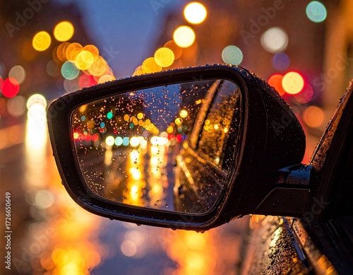 Car side mirror with raindrops reflecting warm bokeh lights at night