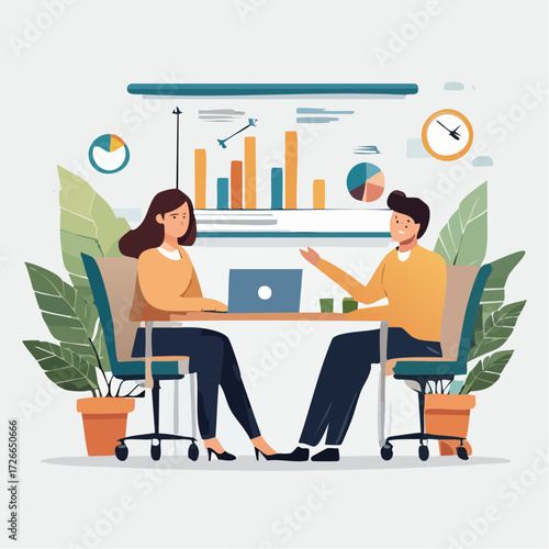 Modern flat vector illustration of two business professionals in a meeting, analyzing data charts and financial reports for strategic growth