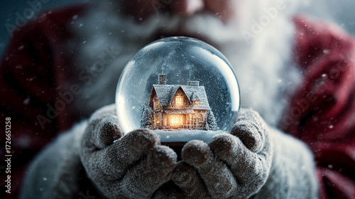 Santa Claus cradles a magical snow globe showcasing a cozy, illuminated winter cottage nestled amongst pine trees during a gentle snowfall