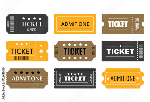 Variety of vintage and modern tickets in brown black and yellow colors admit one event