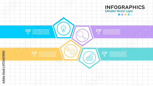 4 steps process infographic vector template. Editable business presentation layout with hexagon shapes and icons for workflow, planning, or corporate report.