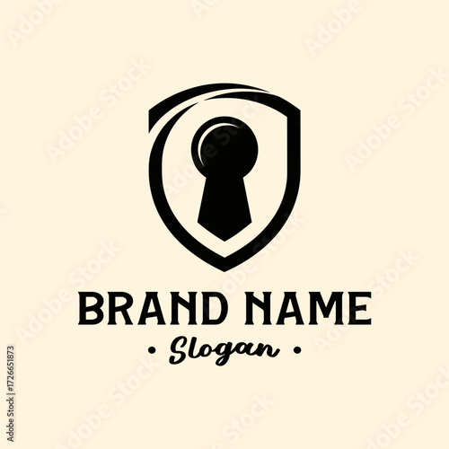 Black shield with a keyhole design, representing security, privacy, and access, suitable for a brand logo.