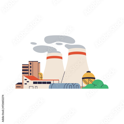 Industrial Plant with Smokestacks and Buildings.