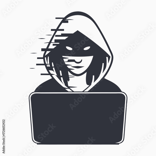 Shadowy figure using laptop for cyber attack with pixelated head looks threatening