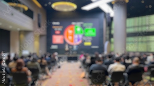 Abstract blurred image of a business conference or seminar event with audience sitting in chairs and speaker on stage. Perfect for use as a conceptual background for corporate, business, education