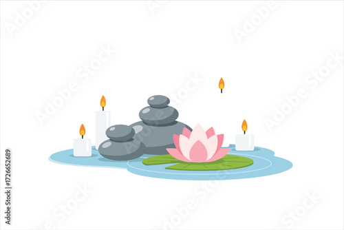 A serene spa scene featuring stacked stones, candles, and a lotus flower.
