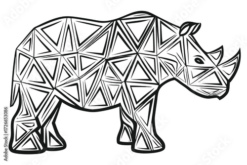 Sharp black triangles come together in abstract elephant against a bright white backdrop