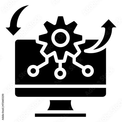 Black Solid Automation Icon with Gear and Arrows on Monitor