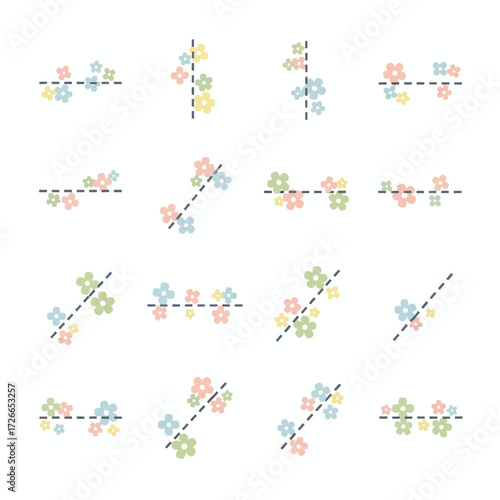 Set of beautiful floral icons in pastel colors with dashed lines for creative design and decoration