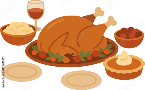 Thanksgiving dinner with roasted turkey and autumn decoration on wooden table in cozy flat cartoon style