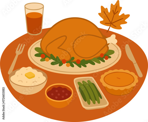 Thanksgiving dinner with roasted turkey and autumn decoration on wooden table in cozy flat cartoon style