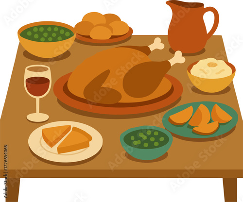Thanksgiving dinner with roasted turkey and autumn decoration on wooden table in cozy flat cartoon style