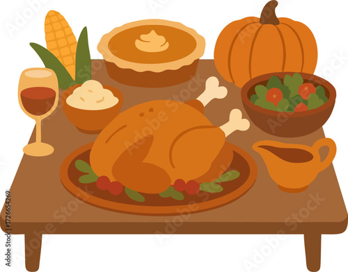 Thanksgiving dinner with roasted turkey and autumn decoration on wooden table in cozy flat cartoon style