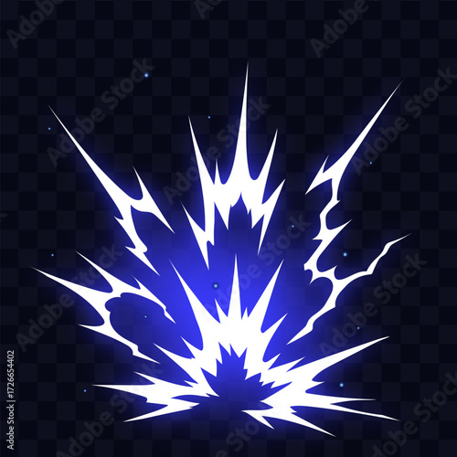 Manga thunder effect builds comic power as energy manga spark bursts outward explosion. Manga thunder flash spreads glowing lines wide with electric strike isolated on transparent background.