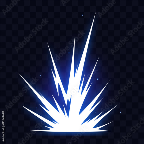 Manga thunder effect shows comic power as energy manga burst rises in spiked flash. Manga thunder explosion creates glowing upward strike with sharp lines isolated on transparent bg.