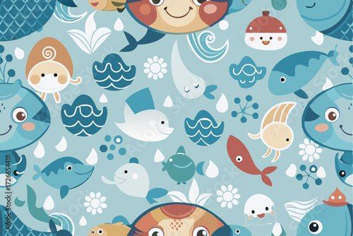 Cute Cartoon Fish and Sea Animals Pattern