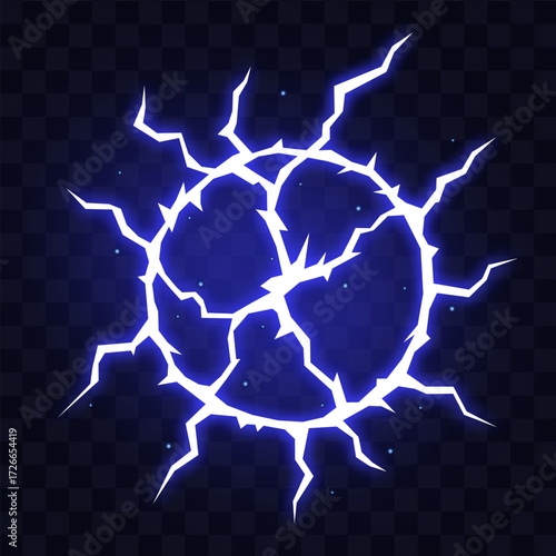 Manga thunder effect cracks comic power as energy manga spark splits into circle. Manga thunder bolt forms glowing fractured sphere with sharp electric lines isolated on transparent bg.